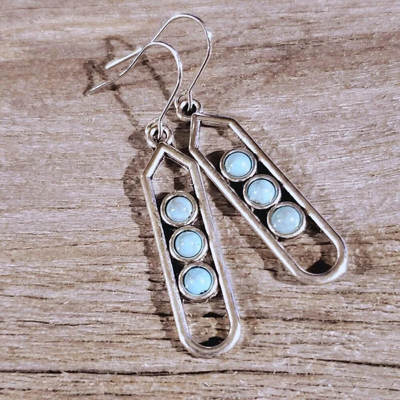 Modernist Geometric Turquoise Blue Stone Silver Necklace Earrings Jewelry Set - Picture 6 of 16